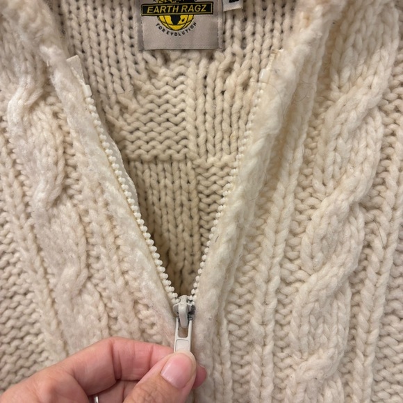 Vintage Earth Ragz large hooded full zip wool sweater Cream cable knit - Picture 10 of 13